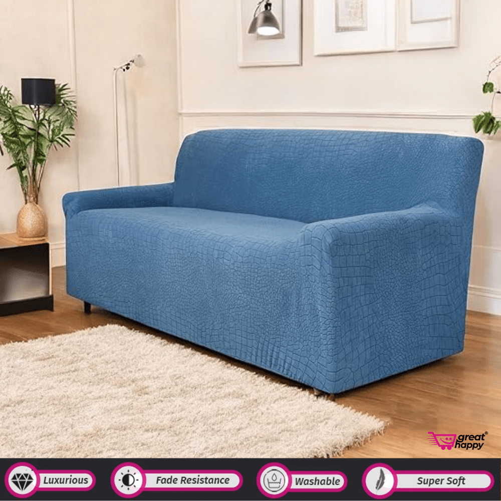 Crocodile Fabric Jacquard Sofa Cover Great Happy IN Blue 4 Seater 