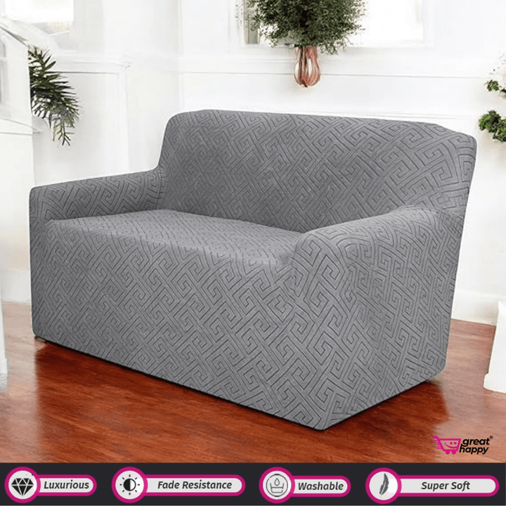 Greek Key Pattern Jacquard Sofa Cover Great Happy IN Charcoal 2 Seater 