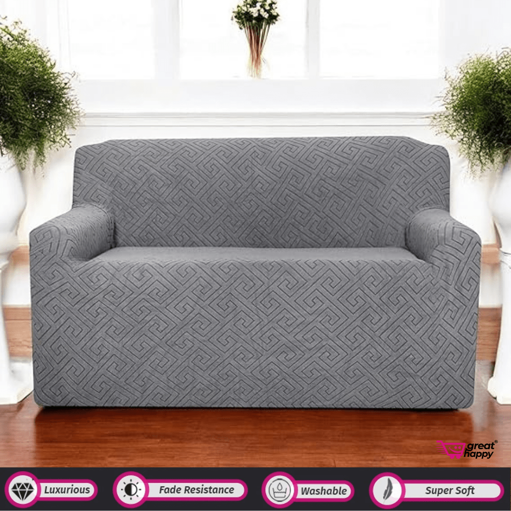 Greek Key Pattern Jacquard Sofa Cover Great Happy IN Charcoal 1 Seater 