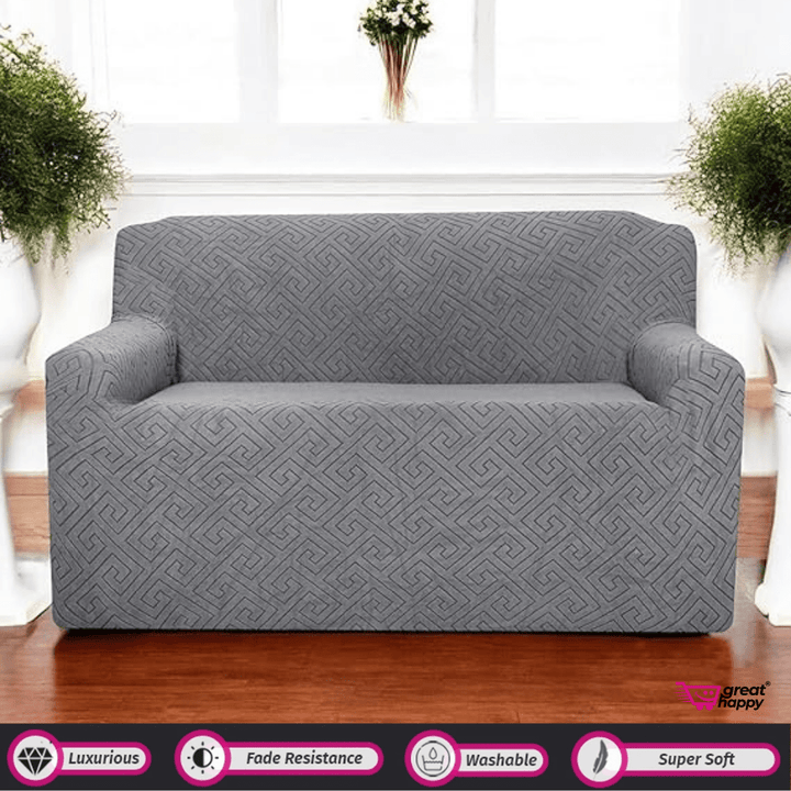 Greek Key Pattern Jacquard Sofa Cover Great Happy IN Charcoal 1 Seater 