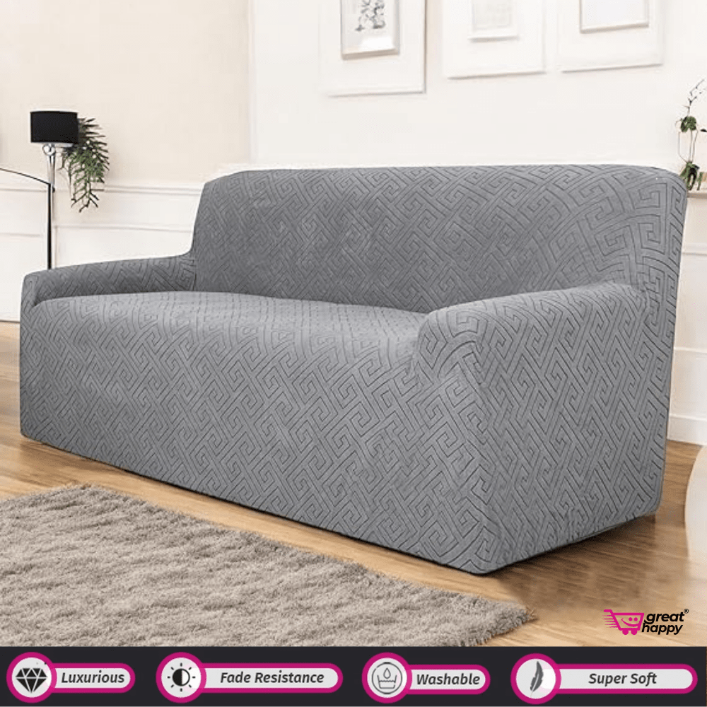 Greek Key Pattern Jacquard Sofa Cover Great Happy IN Charcoal 4 Seater 
