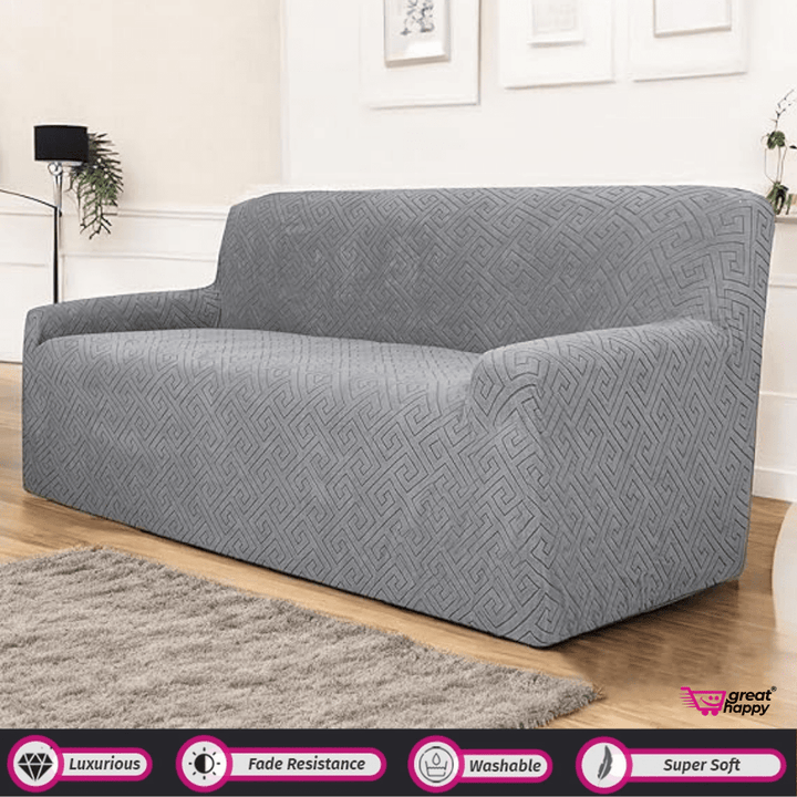 Greek Key Pattern Jacquard Sofa Cover Great Happy IN Charcoal 4 Seater 