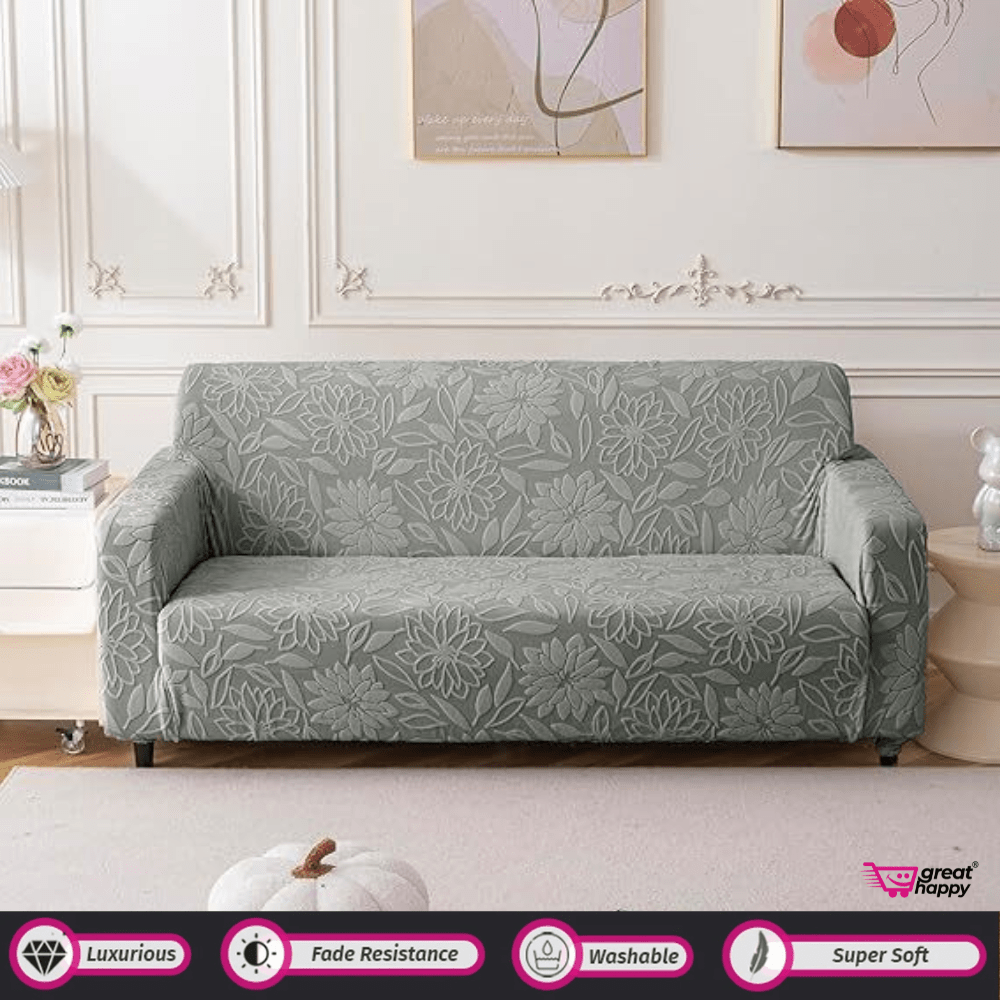 Jacquard Waterproof Camellia Fabric Sofa Cover - Stretchable & Premium Quality Great Happy IN Single Seater(90-145cm) - ₹1599 CF Dark Grey Sofa Cover 