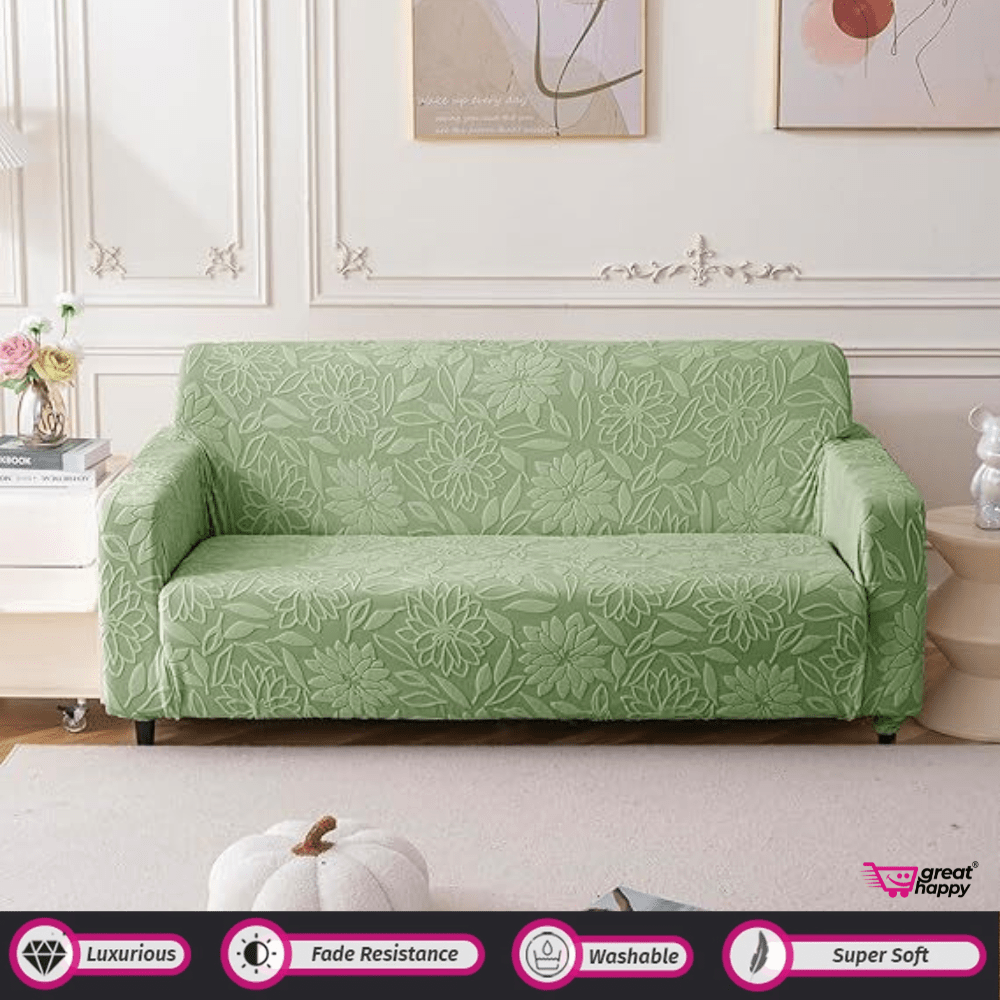 Jacquard Waterproof Camellia Fabric Sofa Cover - Stretchable & Premium Quality Great Happy IN Single Seater(90-145cm) - ₹1599 Green Sofa Cover 