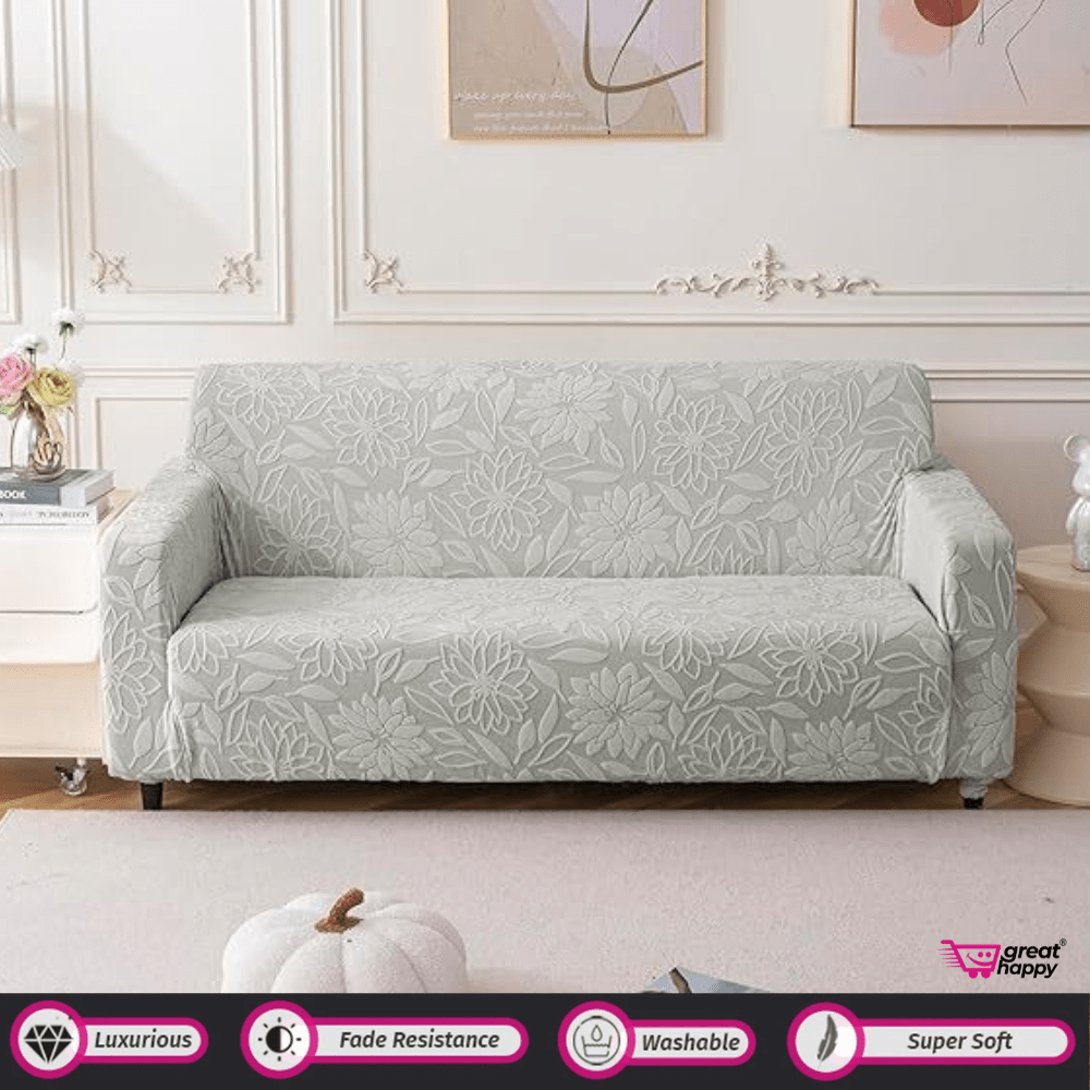 Jacquard Waterproof Camellia Fabric Sofa Cover - Stretchable & Premium Quality Great Happy IN Single Seater(90-145cm) - ₹1599 Light Grey Sofa Cover 
