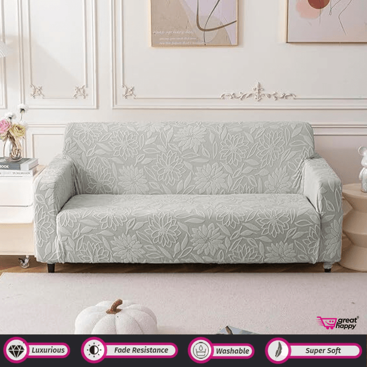 Jacquard Waterproof Camellia Fabric Sofa Cover - Stretchable & Premium Quality Great Happy IN Single Seater(90-145cm) - ₹1599 Light Grey Sofa Cover 