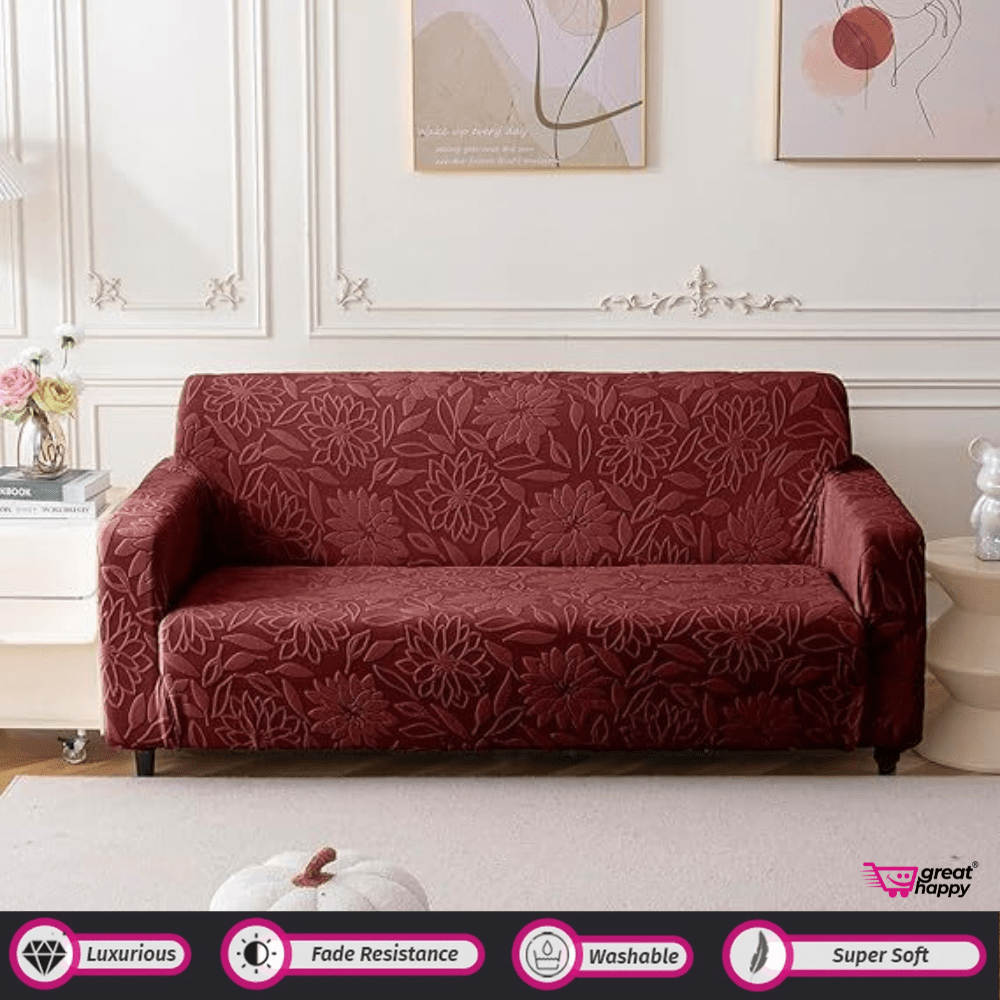 Jacquard Waterproof Camellia Fabric Sofa Cover - Stretchable & Premium Quality Great Happy IN Single Seater(90-145cm) - ₹1599 Maroon Sofa Cover 