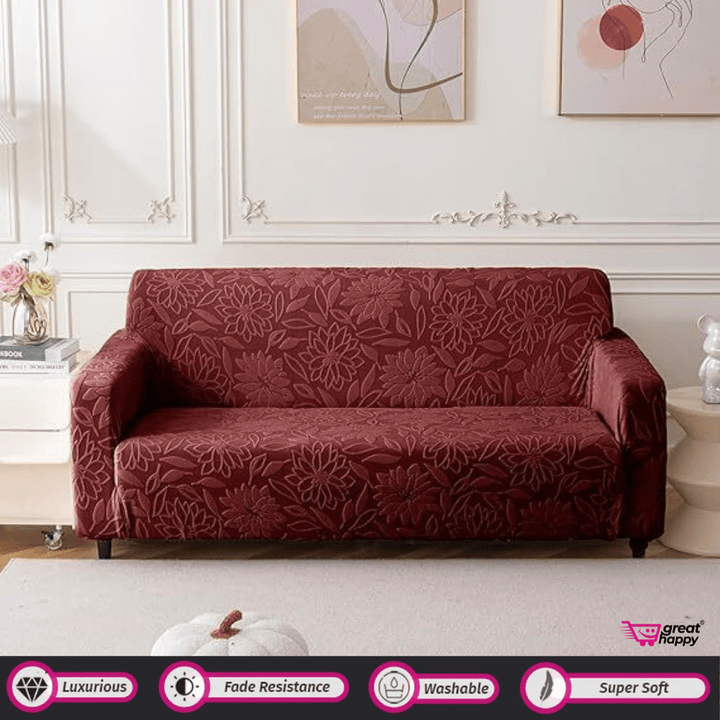 Jacquard Waterproof Camellia Fabric Sofa Cover - Stretchable & Premium Quality Great Happy IN Single Seater(90-145cm) - ₹1599 Maroon Sofa Cover 