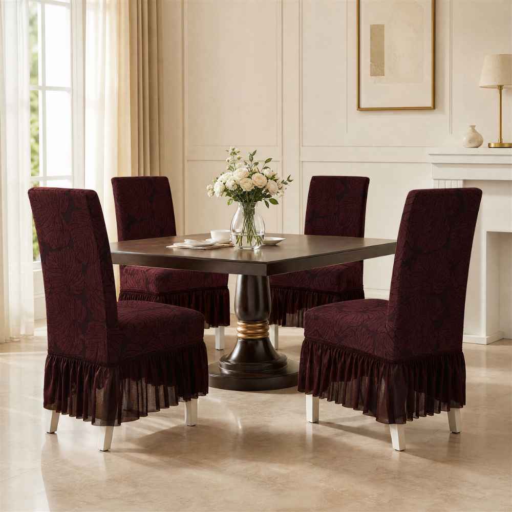 Jacquard Frill Chair Cover — Stretchable, Elastic Fit for Dining Chairs jacquard chair cover Great Happy IN Cocoa Vine 4 PCS (₹450 per pcs) 