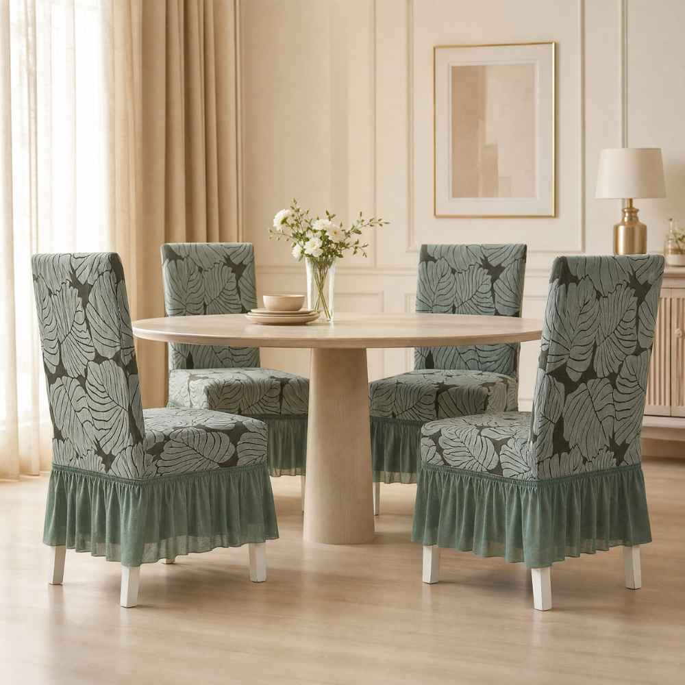 Jacquard Frill Chair Cover — Stretchable, Elastic Fit for Dining Chairs jacquard chair cover Great Happy IN Olive Leaf 4 PCS (₹450 per pcs) 