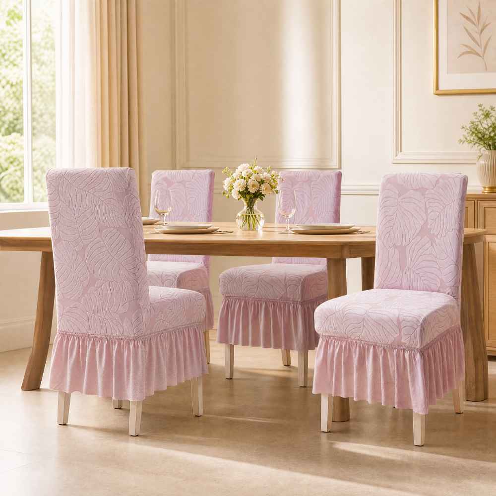 Jacquard Frill Chair Cover — Stretchable, Elastic Fit for Dining Chairs jacquard chair cover Great Happy IN Blush Bloom 4 PCS (₹450 per pcs) 