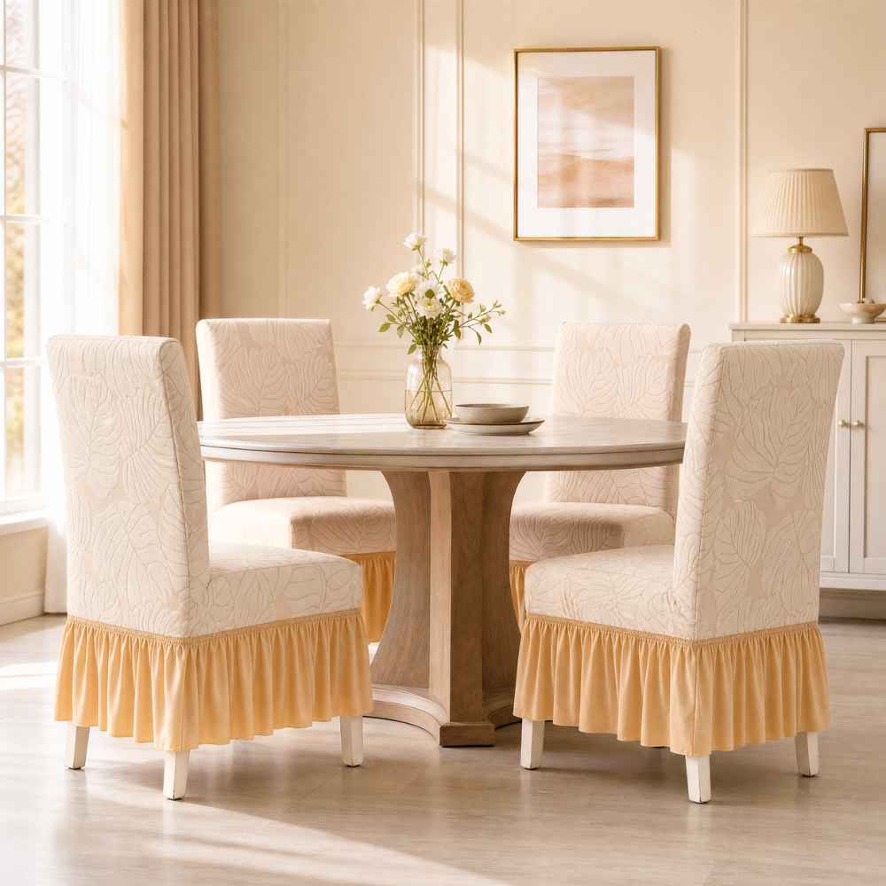 Jacquard Frill Chair Cover — Stretchable, Elastic Fit for Dining Chairs jacquard chair cover Great Happy IN Ivory Petal 4 PCS (₹450 per pcs) 