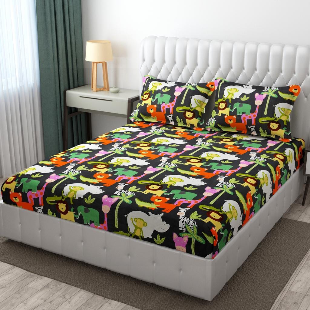 Cotton Elastic Fitted Bedsheet - Fits with any Beds & Mattresses Great Happy IN Jungle Safari Kids DOUBLE BED 