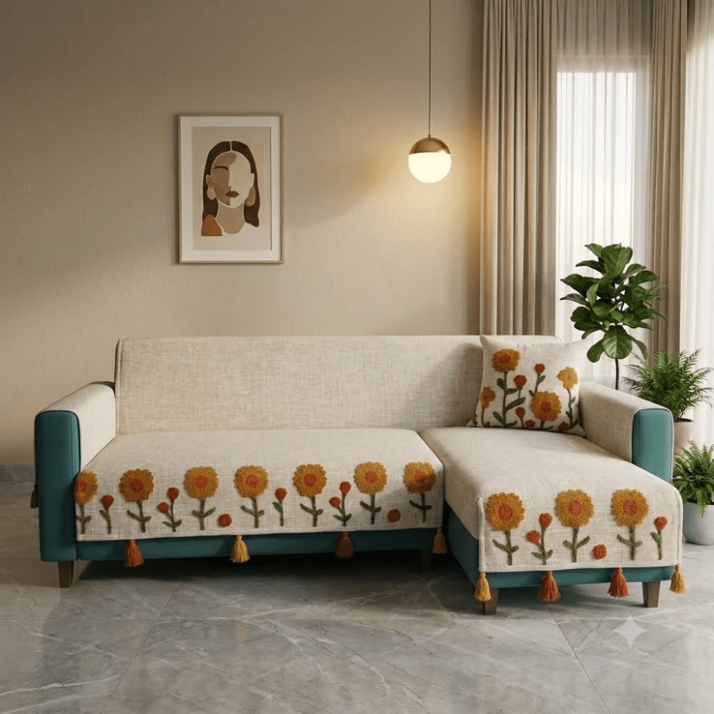 Jute Cotton Sofa Cover jute sofa cover Great Happy IN Sunflower 3+1+1 Seater 