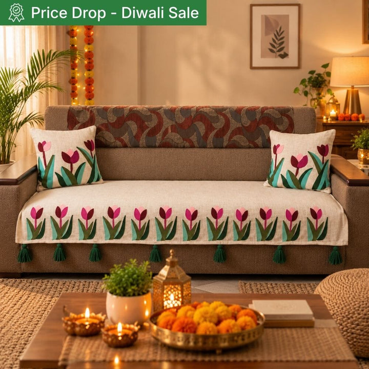 Jute Look Cotton Sofa Cover jute sofa cover Great Happy IN Kashmir Tulip 3 Seater 