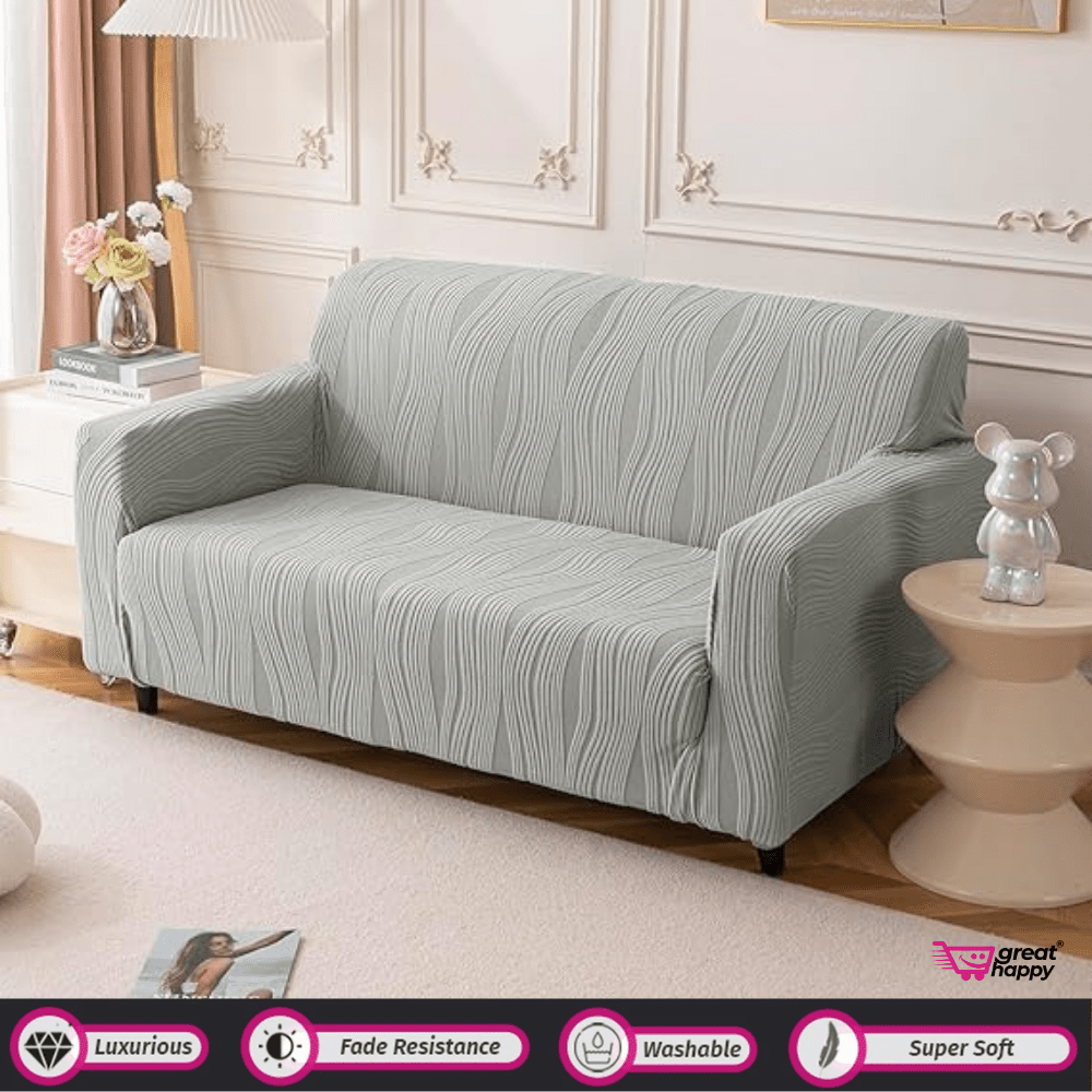 Crizzle Pattern Jacquard Sofa Cover Great Happy IN Light Grey 2 Seater 