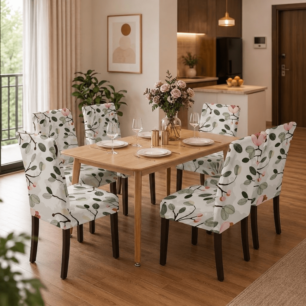 Leaf Green Pink Flower Premium Chair Cover - Stretchable & Elastic Fitted printed chair covers Great Happy IN 