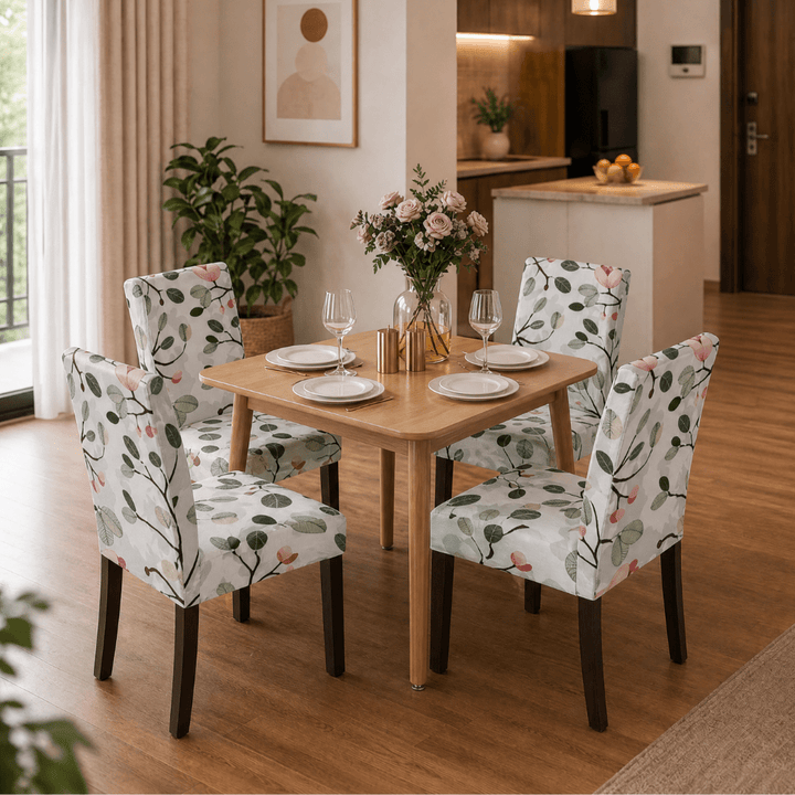 Leaf Green Pink Flower Premium Chair Cover - Stretchable & Elastic Fitted printed chair covers Great Happy IN 