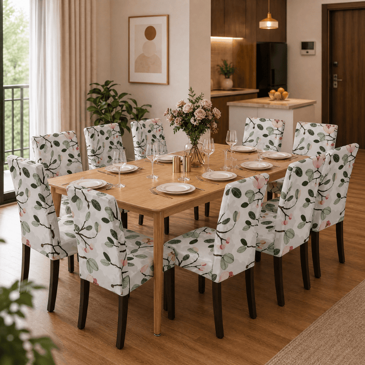 Leaf Green Pink Flower Premium Chair Cover - Stretchable & Elastic Fitted printed chair covers Great Happy IN 