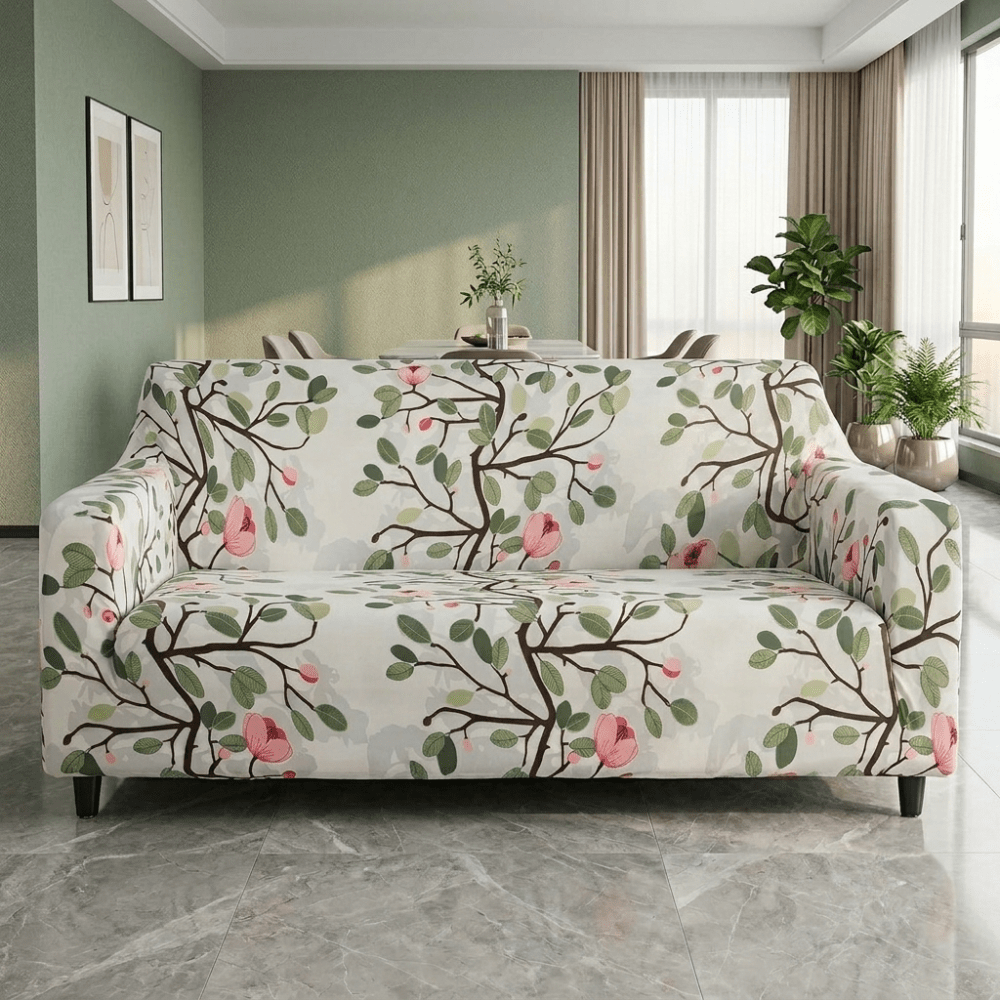 Leaf Pink Flower Elastic Fitted Printed Sofa Cover - Stretchable & Premium Quality