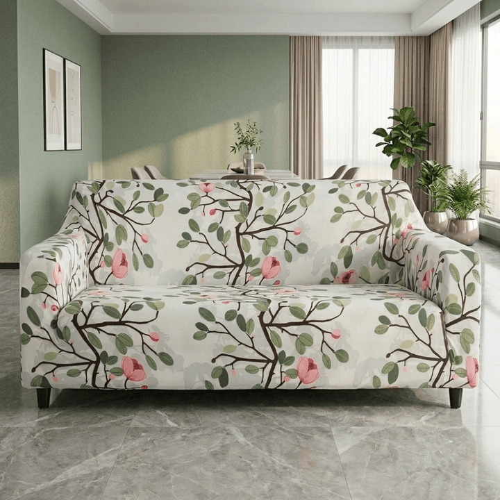 Leaf Pink Flower Elastic Fitted Printed Sofa Cover - Stretchable & Premium Quality