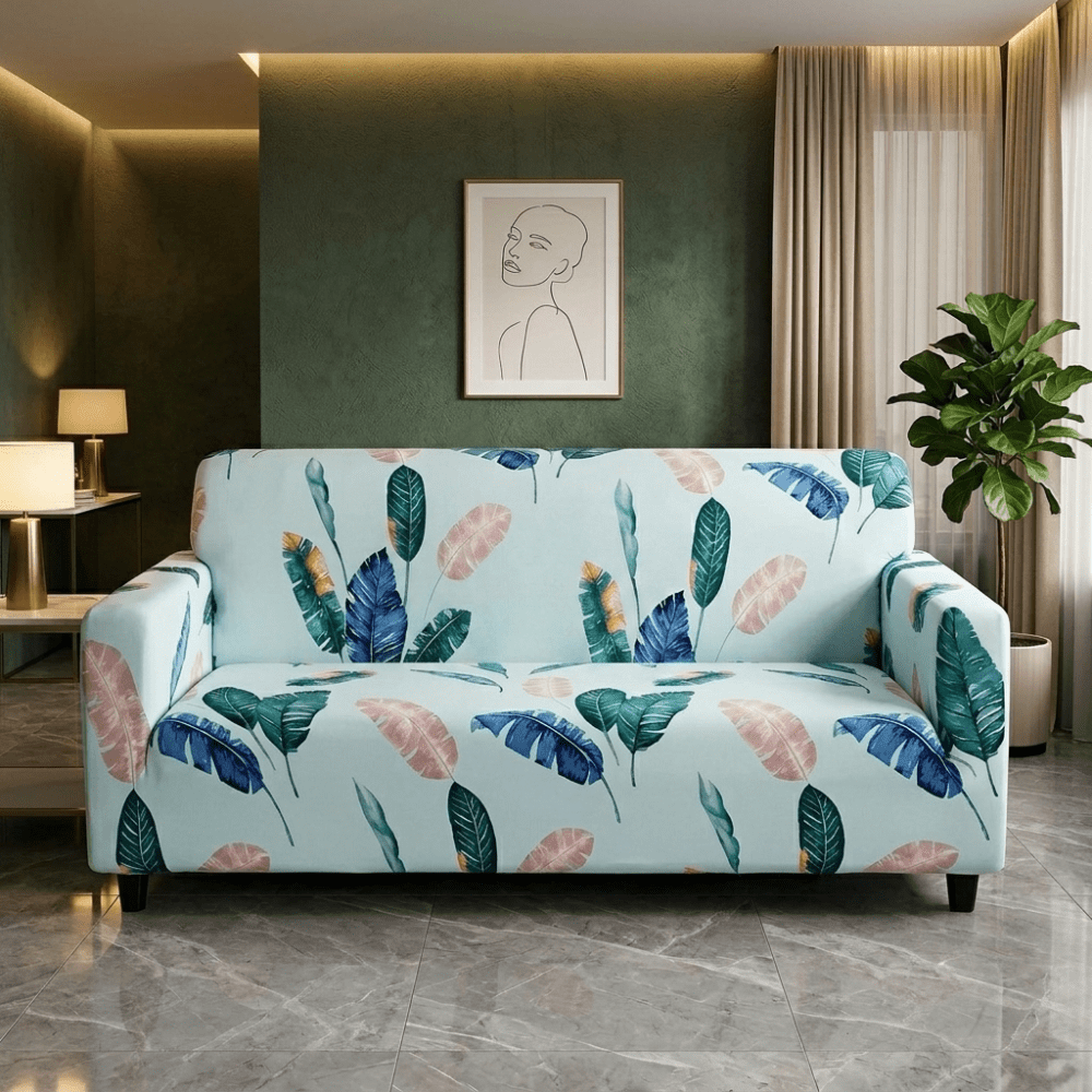 Light Blue Tropical Elastic Fitted Printed Sofa Cover - Stretchable & Premium Quality
