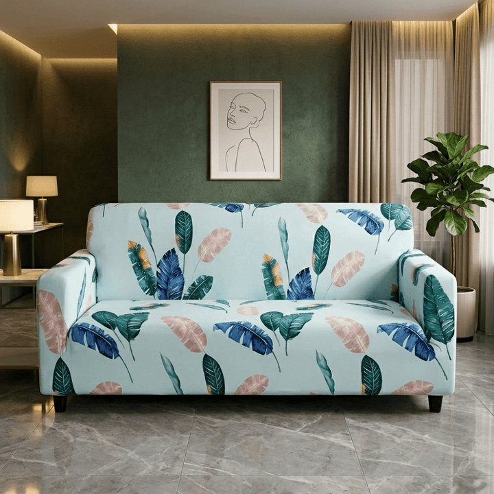 Light Blue Tropical Elastic Fitted Printed Sofa Cover - Stretchable & Premium Quality