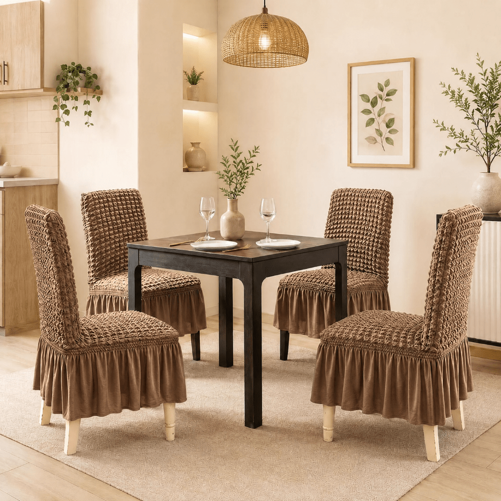 Bubble Frill Stretchable & Wrinkle-Free Chair Cover Great Happy IN Bubble Frill Light Brown 4 PCS (₹450 per pcs) 