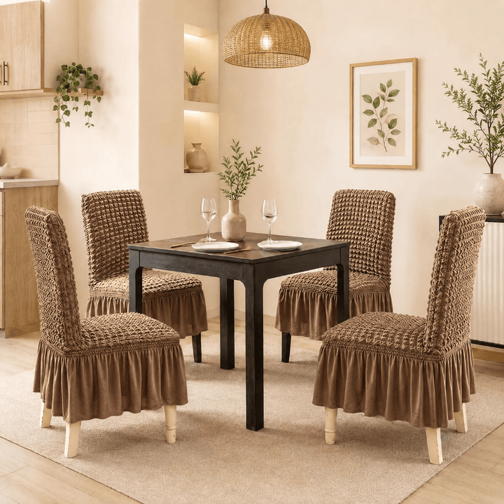 Bubble Frill Stretchable & Wrinkle-Free Chair Cover Great Happy IN Bubble Frill Light Brown 4 PCS (₹450 per pcs) 