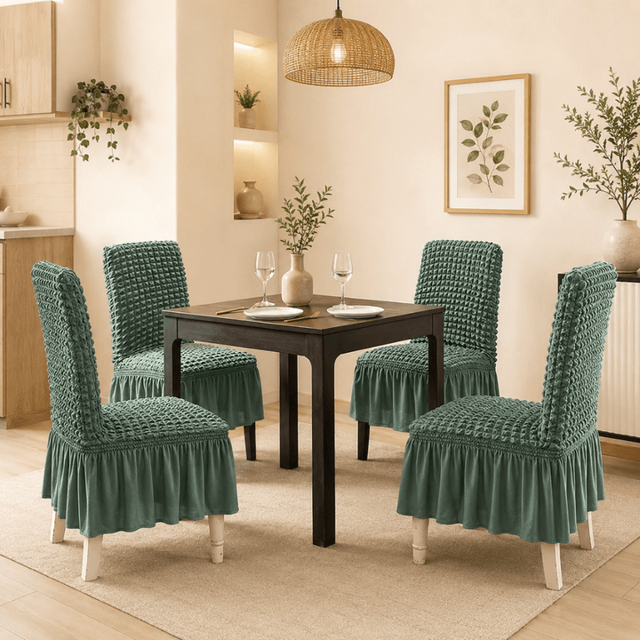 Bubble Frill Stretchable & Wrinkle-Free Chair Cover Great Happy IN Bubble Frill Pista 4 PCS (₹450 per pcs) 