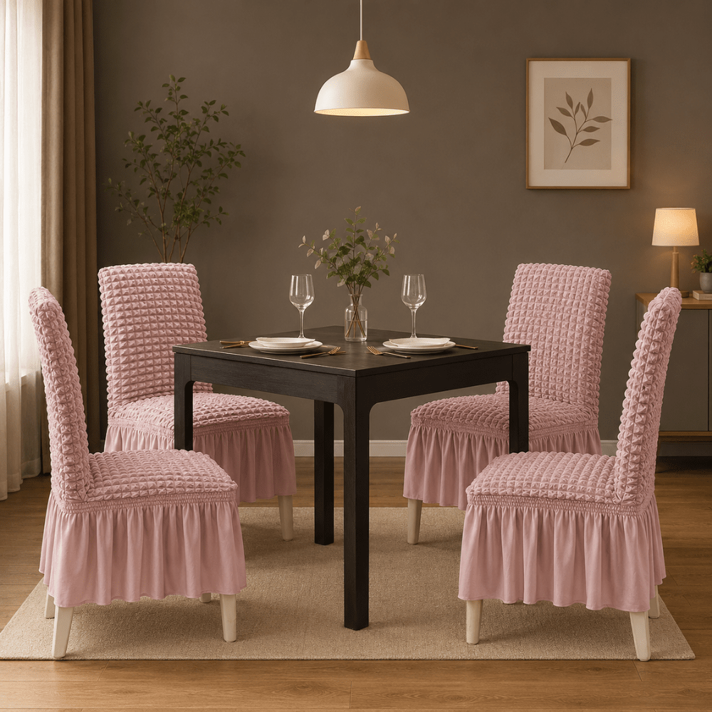 Pink Bubble Frill Chair Cover- Stretchable & Elastic Fitted Great Happy IN 4 PCS - ₹1799 