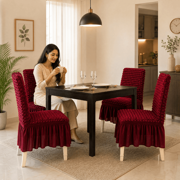 Maroon Bubble Frill Chair Cover- Stretchable & Elastic Fitted
