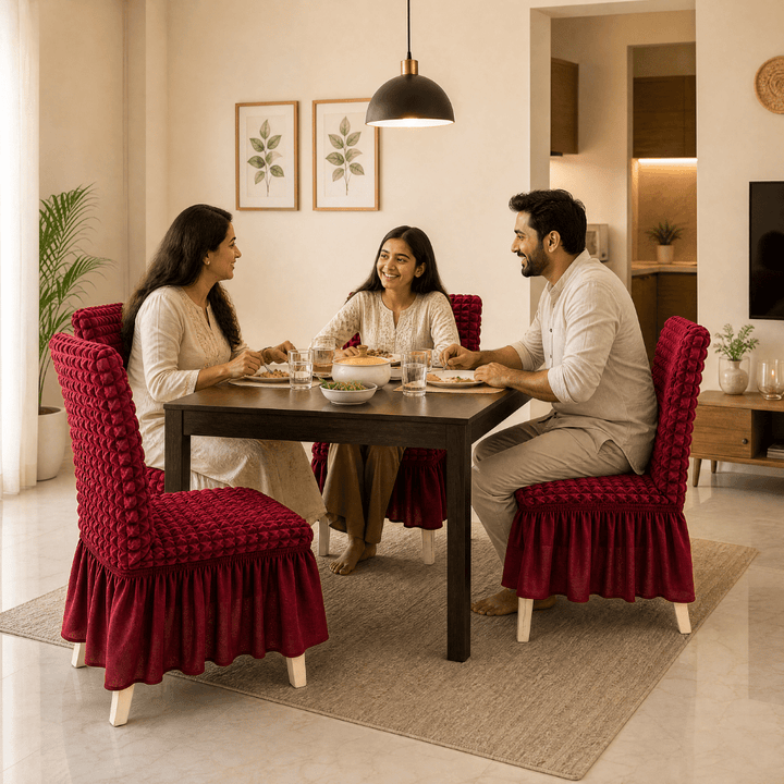 Maroon Bubble Frill Chair Cover- Stretchable & Elastic Fitted