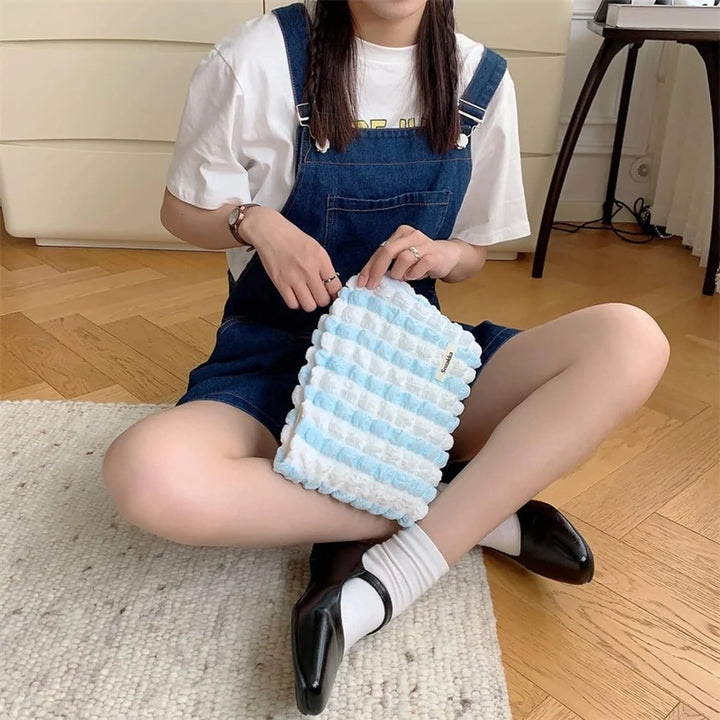 Cute White-Blue Puffy Makeup Bag Great Happy IN 