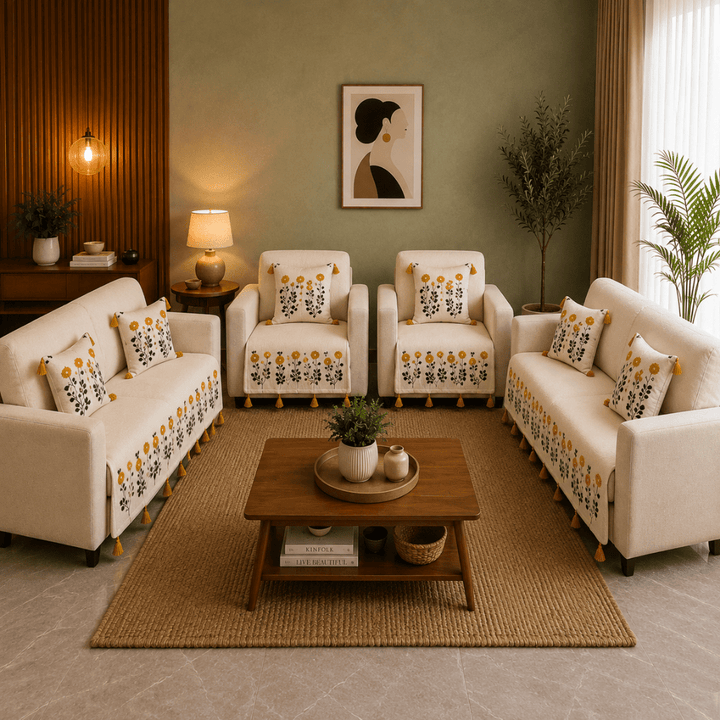 Jute Cotton Sofa Cover jute sofa cover Great Happy IN Marigold Ivory 2+1+1+2 Seater 