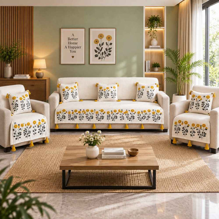 Marigold Ivory Jute Look Cotton Sofa Cover jute sofa cover Great Happy IN 3+1+1 Seater 