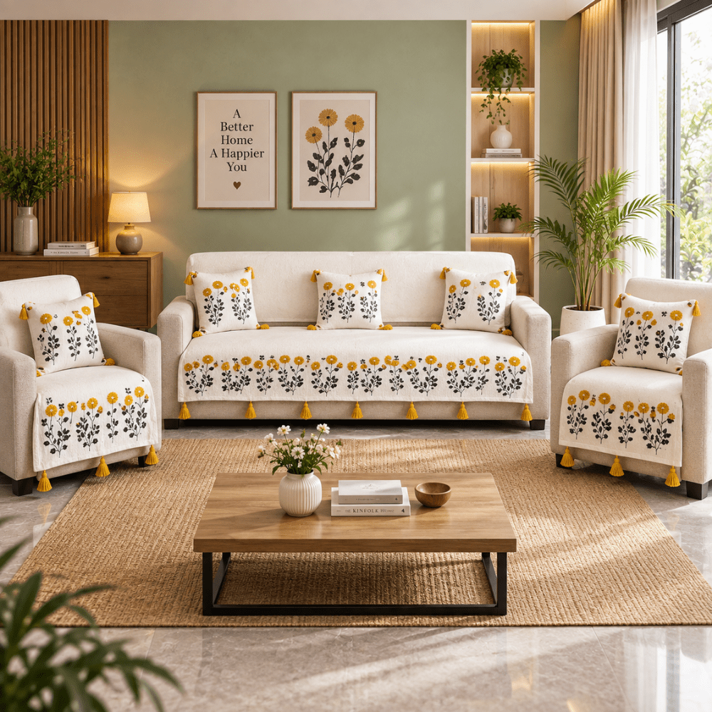 Jute Cotton Sofa Cover jute sofa cover Great Happy IN Marigold Ivory 3+1+1 Seater 