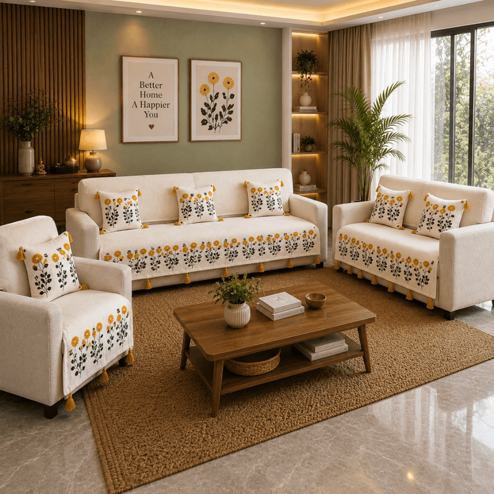 Jute Cotton Sofa Cover jute sofa cover Great Happy IN Marigold Ivory 3+2+1 Seater 