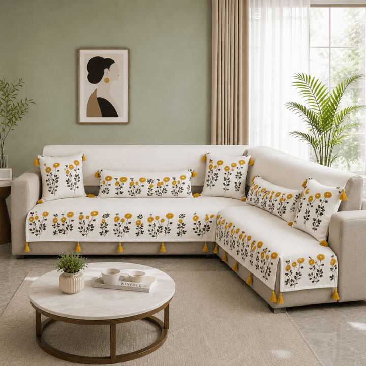 Jute Cotton Sofa Cover jute sofa cover Great Happy IN Marigold Ivory 3+3(L SHAPE) 