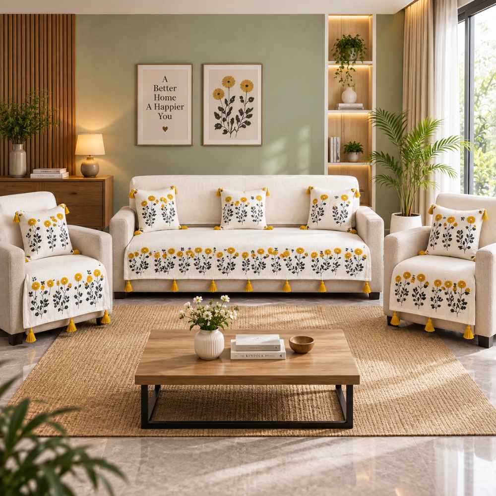 Jute Look Cotton Sofa Cover jute sofa cover Great Happy IN Marigold Ivory 3+1+1 Seater 