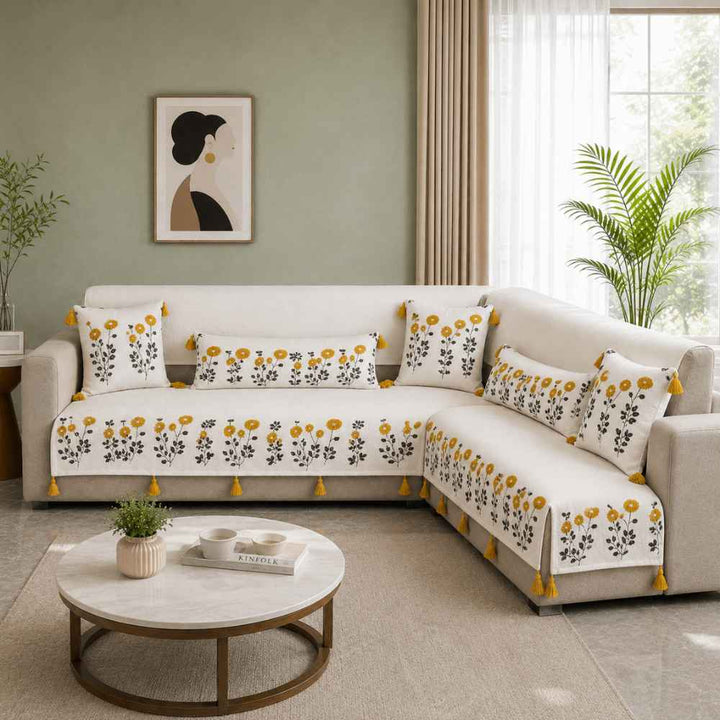 Marigold Ivory Jute Look Cotton Sofa Cover jute sofa cover Great Happy IN 3+2(L SHAPE) 