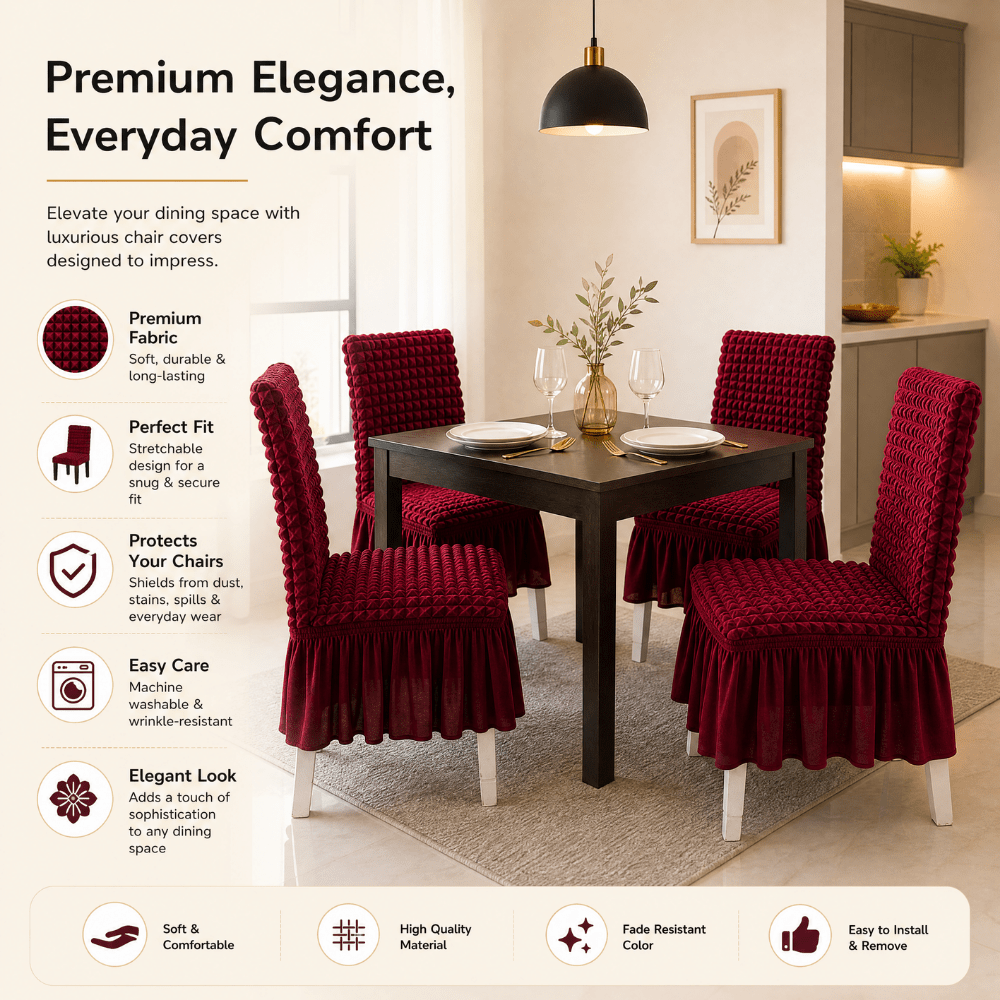 Maroon Bubble Frill Chair Cover- Stretchable & Elastic Fitted