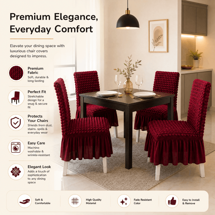 Maroon Bubble Frill Chair Cover- Stretchable & Elastic Fitted