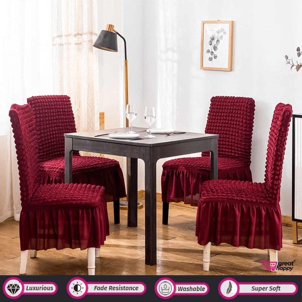 Bubble Frill Chair Cover- Stretchable & Elastic Fitted Great Happy IN Bubble Frill Maroon 4 PCS - ₹1899 