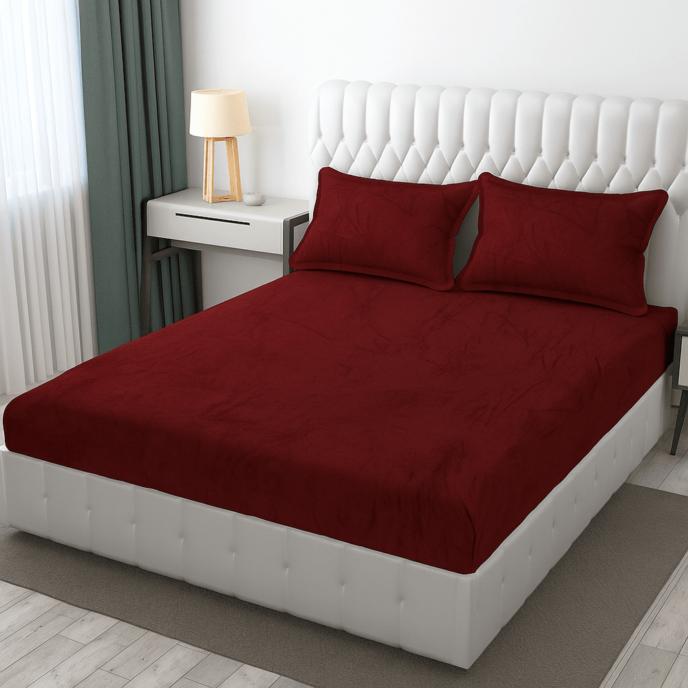 Warm Elastic Fitted Bedsheet ( Winter Special ) Great Happy IN Maroon 
