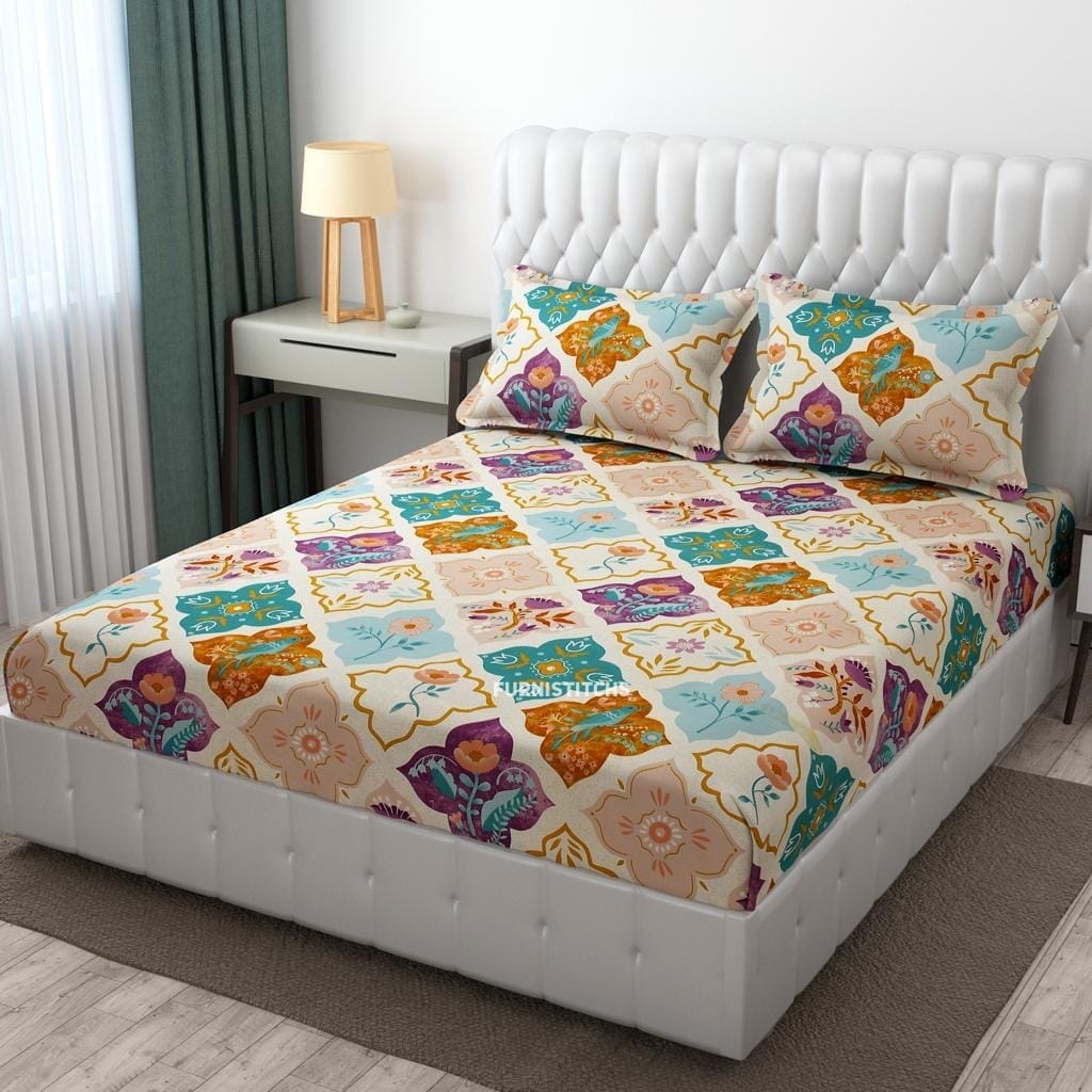 Cotton Elastic Fitted Bedsheet - Fits with any Beds & Mattresses Great Happy IN Moroccan Mosaic KING SIZE 
