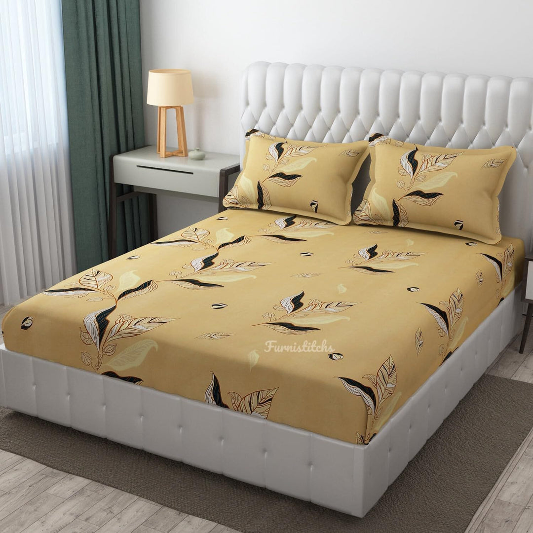 Cotton Elastic Fitted Bedsheet - Fits with any Beds & Mattresses Great Happy IN Mastard Floral Leaf KING SIZE 