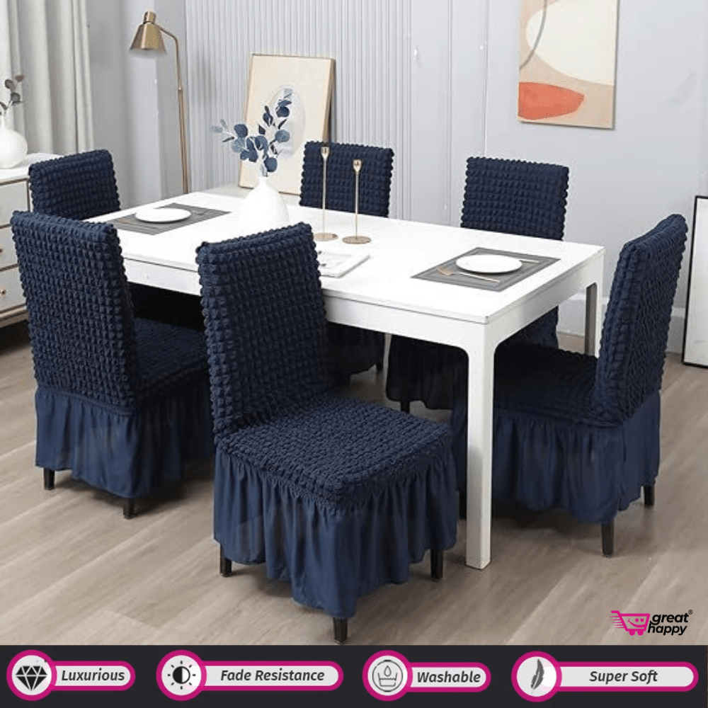 Bubble Frill Chair Cover- Stretchable & Elastic Fitted Great Happy IN Bubble Frill Navy 4 PCS - ₹1899 