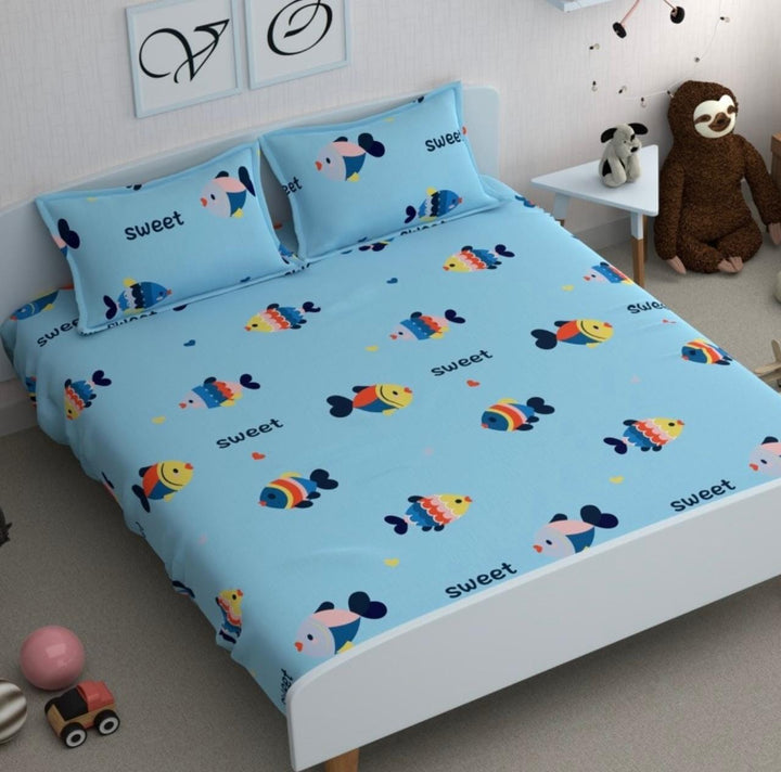 Cotton Elastic Fitted Bedsheet - Fits with any Beds & Mattresses Great Happy IN Ocean Fish KING SIZE 