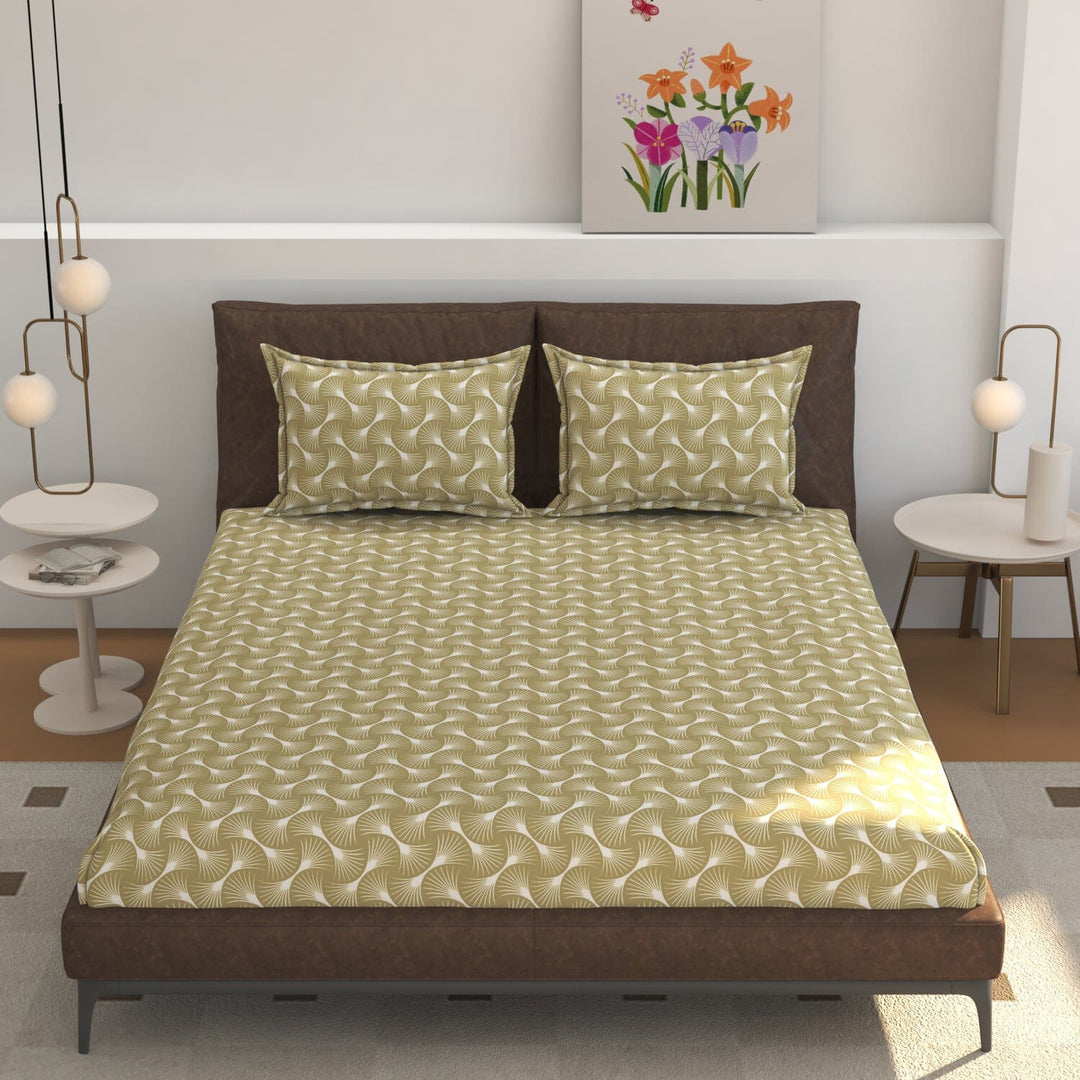 Elastic Fitted Bedsheet (King Size) with 2 Pillow Covers - Buy 2 Get 1 FREE Great Happy IN Olive Swirl Geometric KING SIZE 